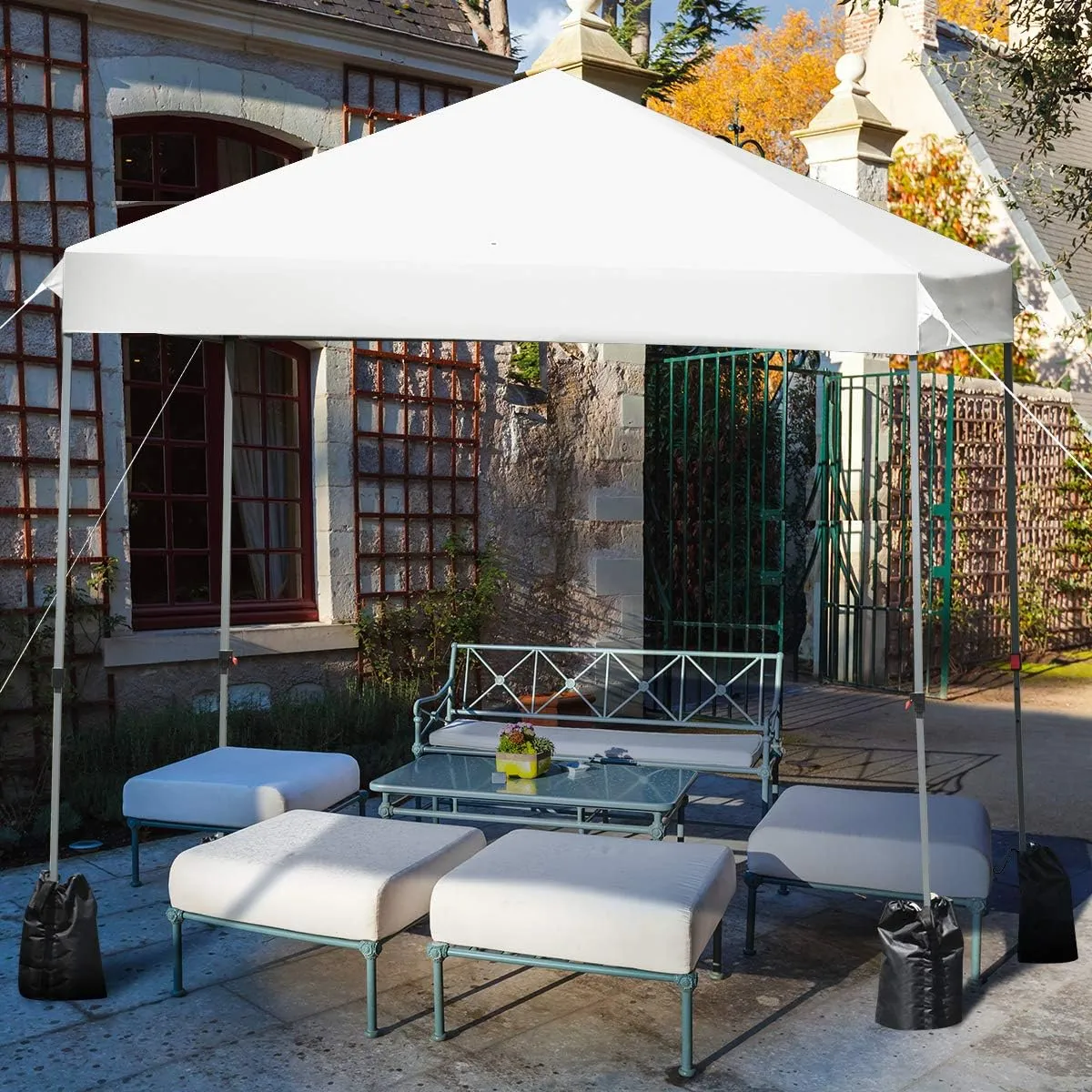 Tangkula 8x8 Ft Pop Up Canopy, Straight Leg Instant Tent Shelter with Wheeled Bag, 4 Sand Bags, 8 Stakes, 4 Ropes, Outdoor Canopy Tent for Camping, Beach, Backyard (White)