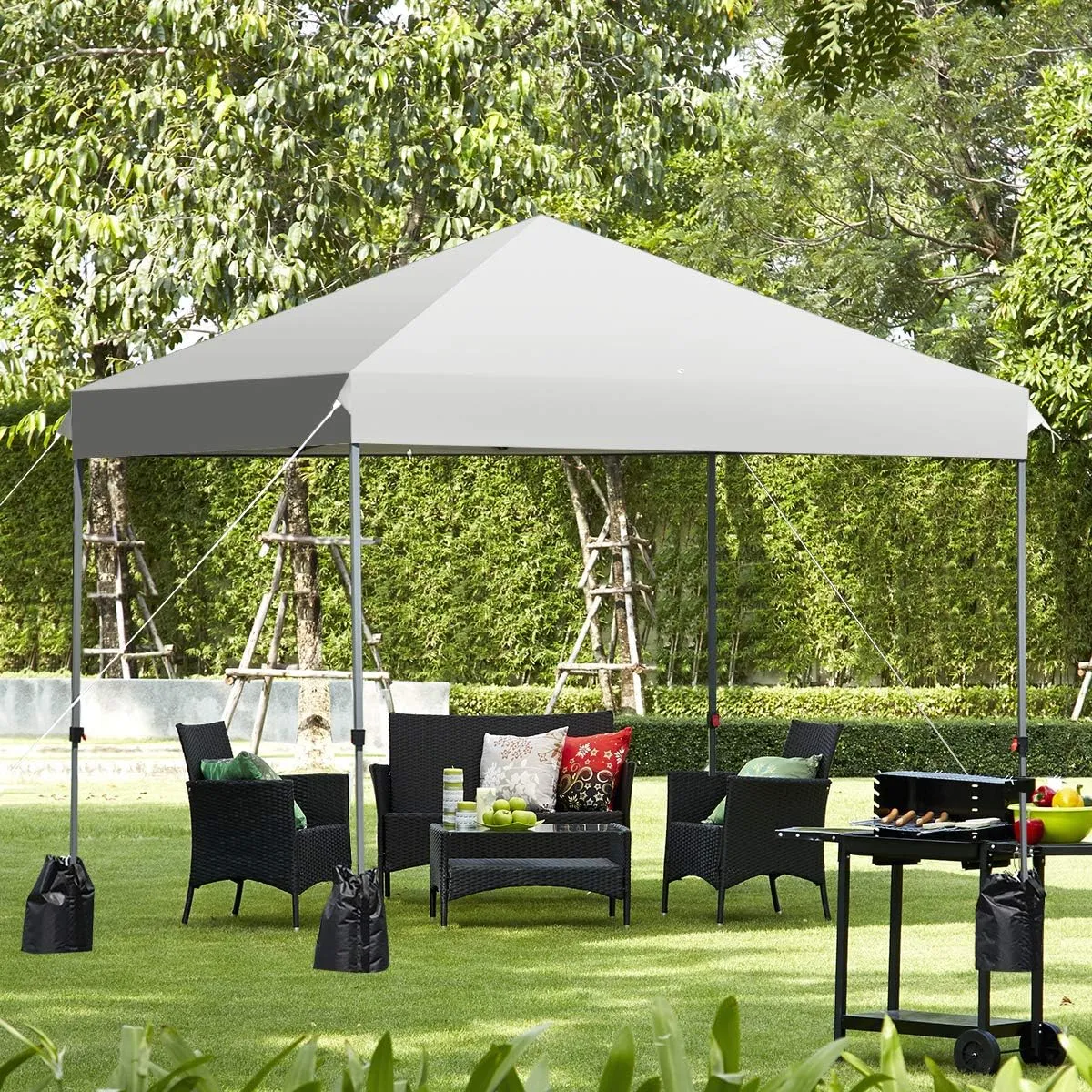 Tangkula 8x8 Ft Pop Up Canopy, Straight Leg Instant Tent Shelter with Wheeled Bag, 4 Sand Bags, 8 Stakes, 4 Ropes, Outdoor Canopy Tent for Camping, Beach, Backyard (White)