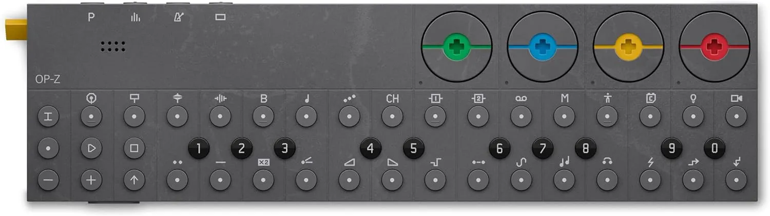teenage engineering OP–Z portable sequencer, synthesizer, drum machine and visual controller with built-in microphone for sampling, effects and midi, iOS compatible and battery powered