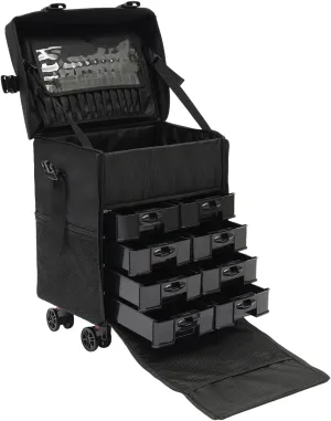 TFCFL 3-Layer Rolling Makeup Train Case, Extra Large Cosmetic Organizer with Wheels, Heat-Resistant Lining and Detachable Pouch, Professional Hairstylist or Artist Travel Trolley