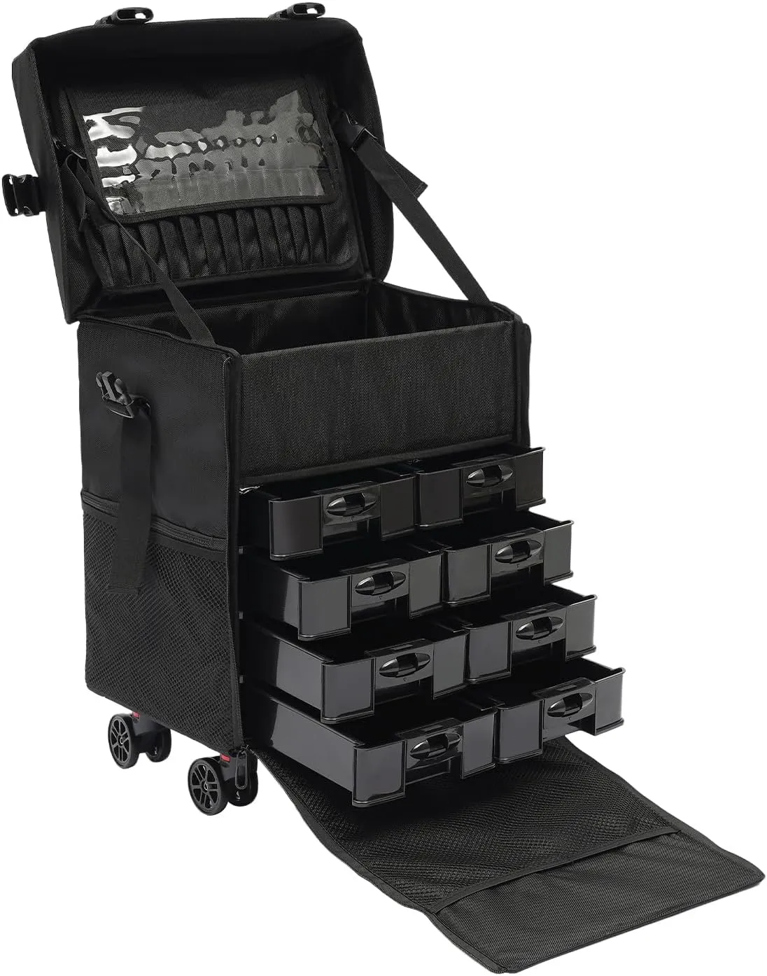 TFCFL 3-Layer Rolling Makeup Train Case, Extra Large Cosmetic Organizer with Wheels, Heat-Resistant Lining and Detachable Pouch, Professional Hairstylist or Artist Travel Trolley