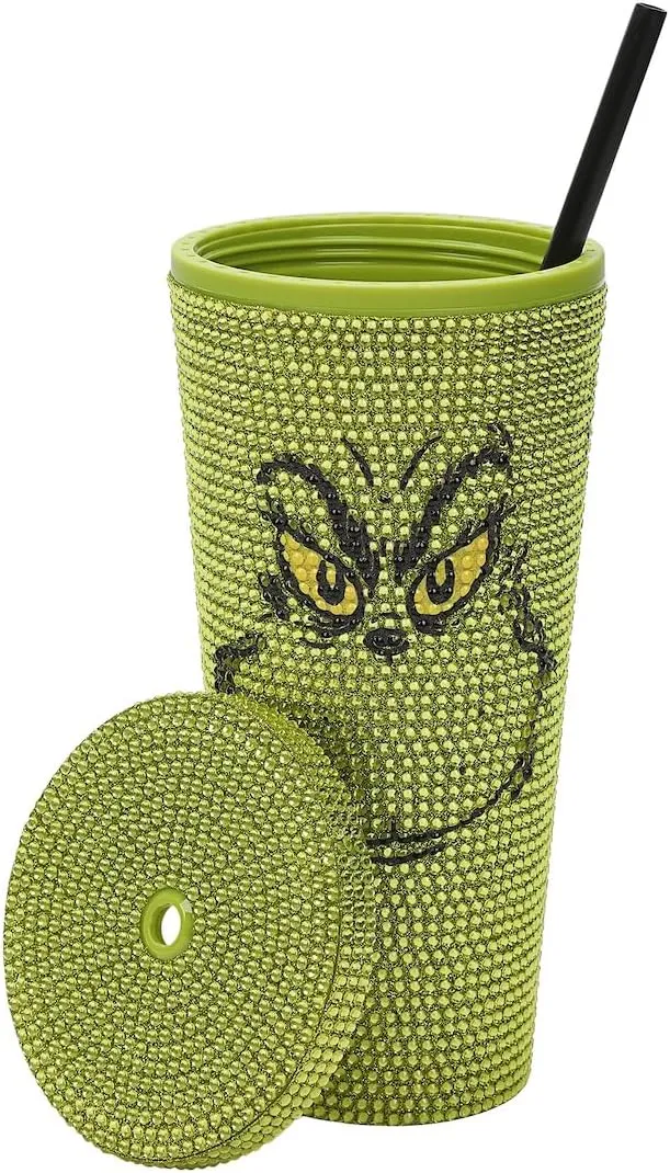 The Grinch Big Face 24 Oz Green Rhinestone-Studded Tumbler Plastic Cup