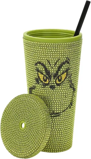 The Grinch Big Face 24 Oz Green Rhinestone-Studded Tumbler Plastic Cup