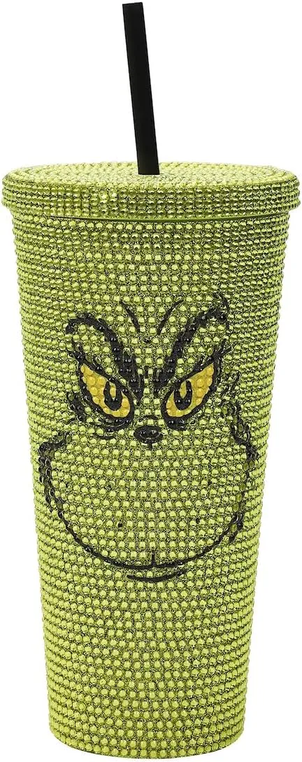 The Grinch Big Face 24 Oz Green Rhinestone-Studded Tumbler Plastic Cup