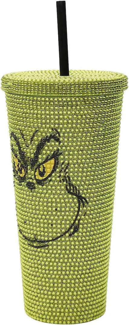 The Grinch Big Face 24 Oz Green Rhinestone-Studded Tumbler Plastic Cup
