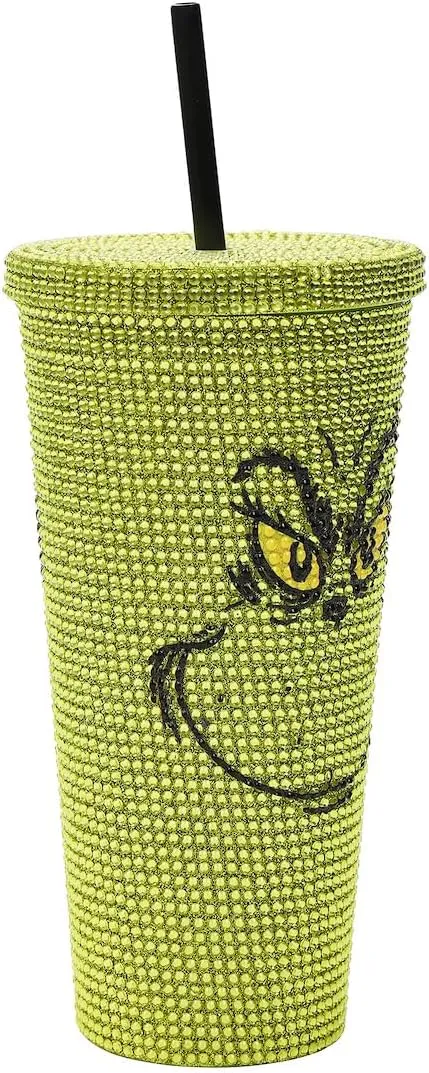 The Grinch Big Face 24 Oz Green Rhinestone-Studded Tumbler Plastic Cup