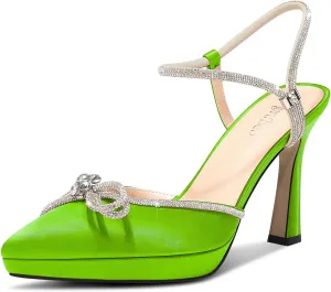TNYNFBEB Womens Stiletto High Platform Heel Pointed Toe Pumps Ankle Strap Slingback Rhinestone Crystal Bow-Knot Prom Glitter 3.9 Inches Heels