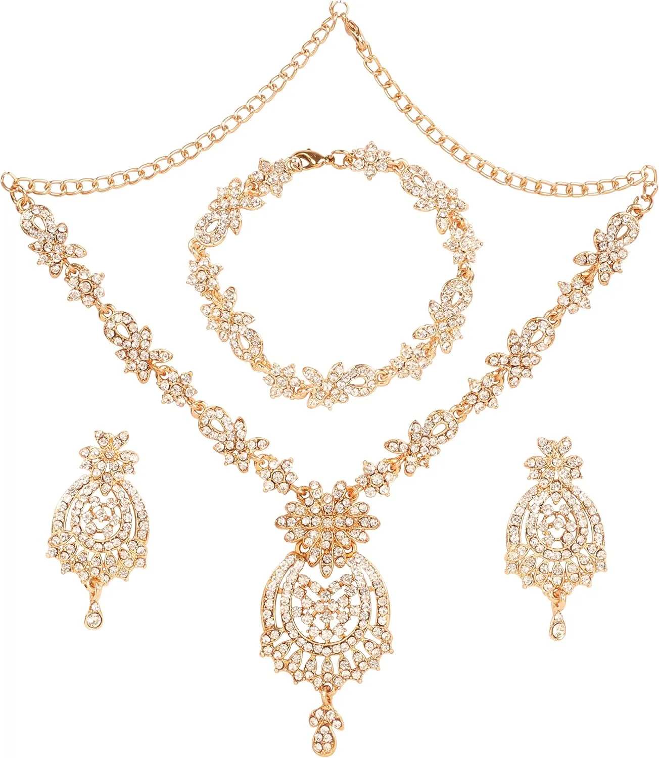 Touchstone Indian Bollywood Gorgeous intricate Workmanship Sparkling Rhinestone crystal wedding Designer Jewelry Necklace Set In Gold or Silver Tone For Women.