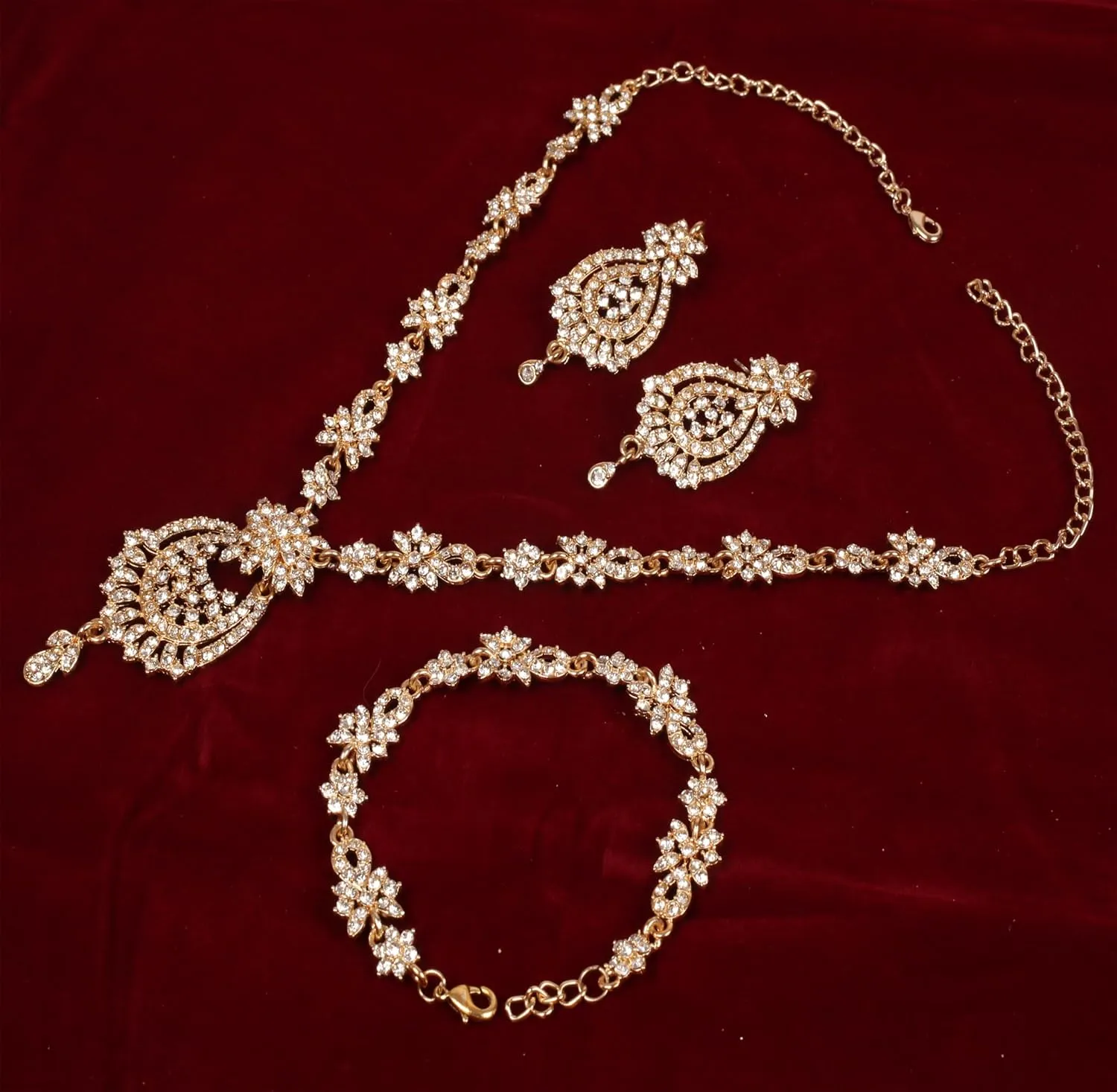 Touchstone Indian Bollywood Gorgeous intricate Workmanship Sparkling Rhinestone crystal wedding Designer Jewelry Necklace Set In Gold or Silver Tone For Women.
