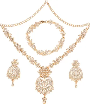 Touchstone Indian Bollywood Gorgeous intricate Workmanship Sparkling Rhinestone crystal wedding Designer Jewelry Necklace Set In Gold or Silver Tone For Women.