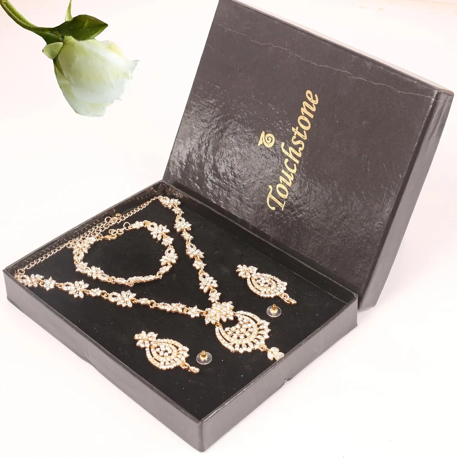 Touchstone Indian Bollywood Gorgeous intricate Workmanship Sparkling Rhinestone crystal wedding Designer Jewelry Necklace Set In Gold or Silver Tone For Women.