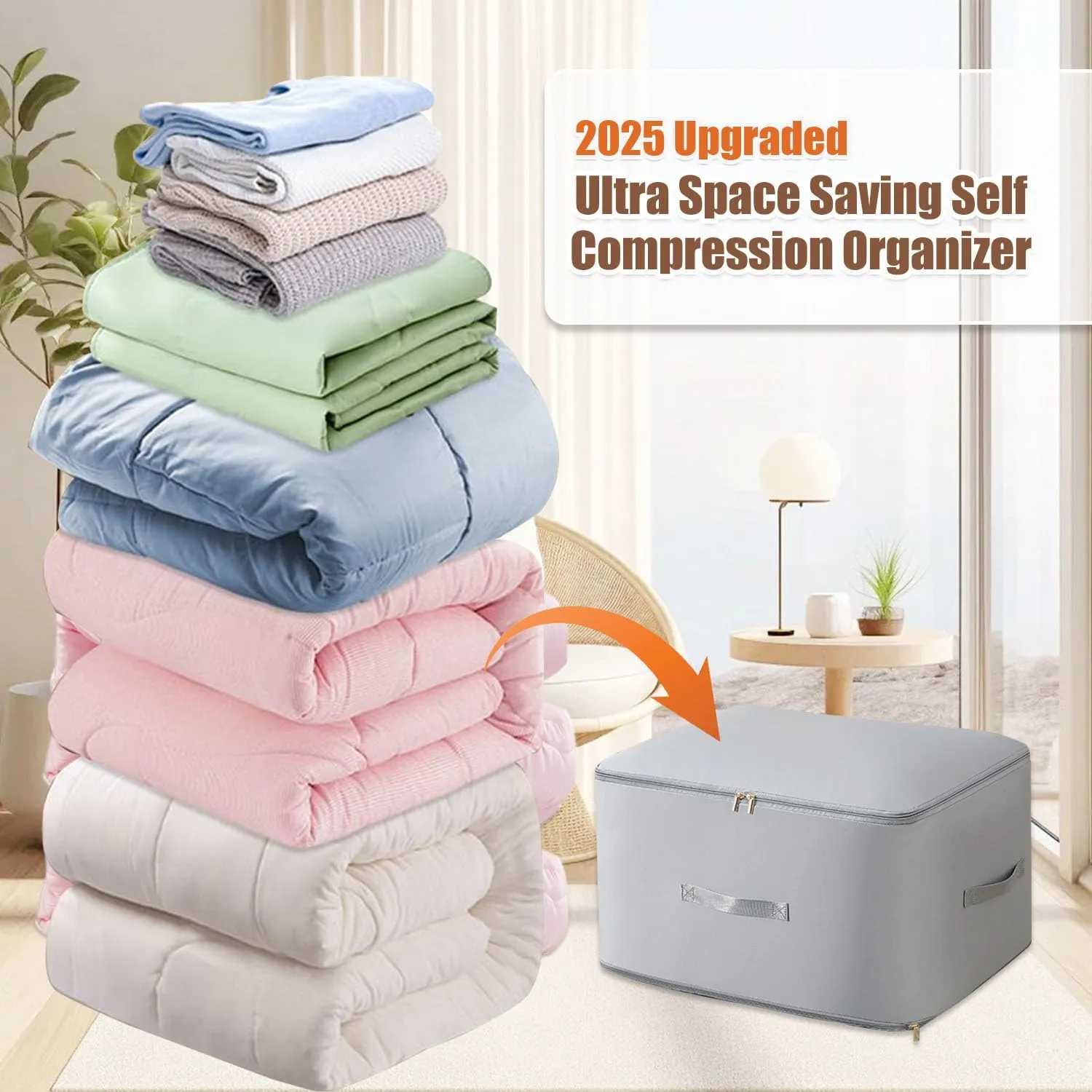 Ultra Space Saving Self Compression Organizer, 2025 Upgraded Space Saving Organizer, Premium Comforter Packaging Cube Bedding Storage Bag (Light Grey, X-Large 544260cm)