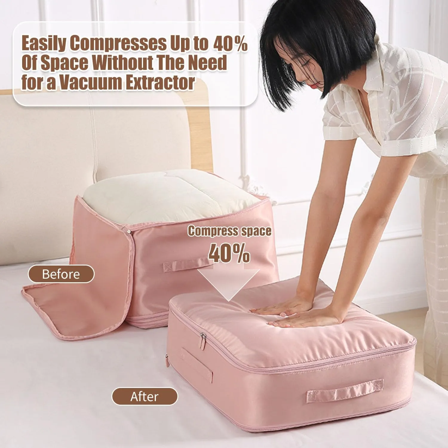Ultra Space Saving Self Compression Organizer, 2025 Upgraded Space Saving Organizer, Premium Comforter Packaging Cube Bedding Storage Bag (Pink, X-Large 544260cm)