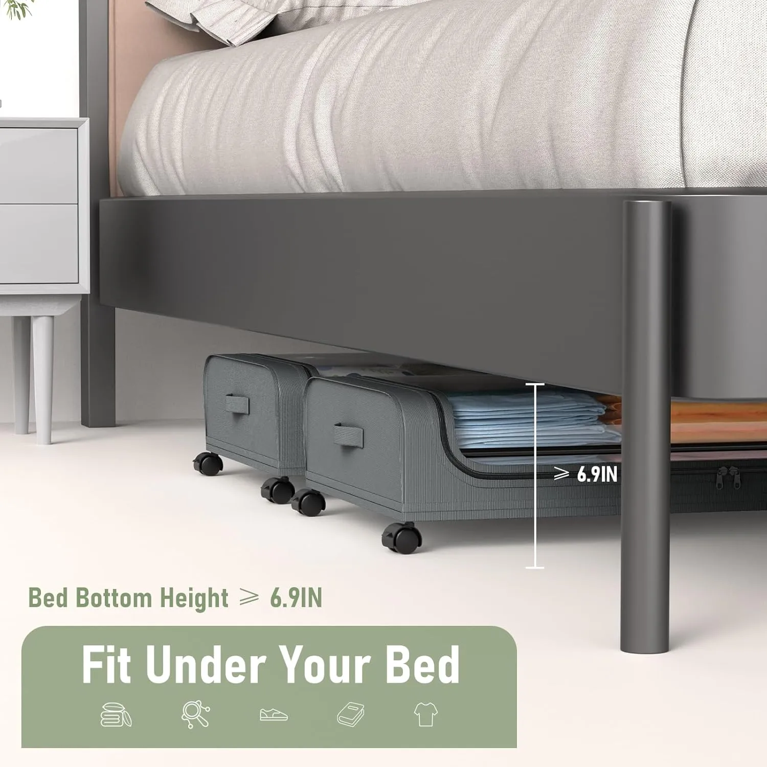 Under Bed Storage with Wheels, 2Pack Under Bed Storage Containers, Foldable Under Bed Rolling Storage with 30.3" x 17.1" x 6.9", Under Bed Organizer Shoe Storage for Clothes Blanket Book(Grey)