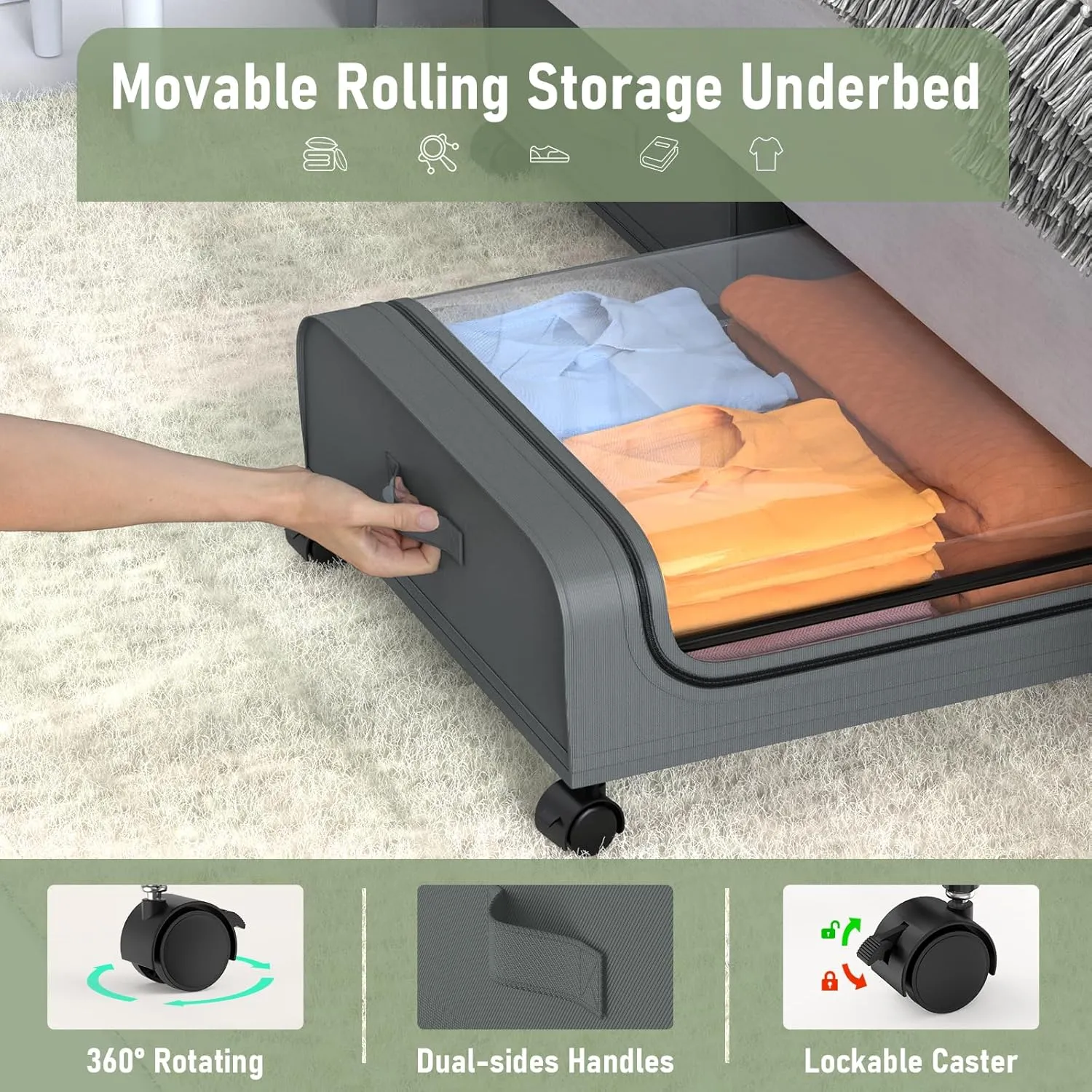 Under Bed Storage with Wheels, 2Pack Under Bed Storage Containers, Foldable Under Bed Rolling Storage with 30.3" x 17.1" x 6.9", Under Bed Organizer Shoe Storage for Clothes Blanket Book(Grey)