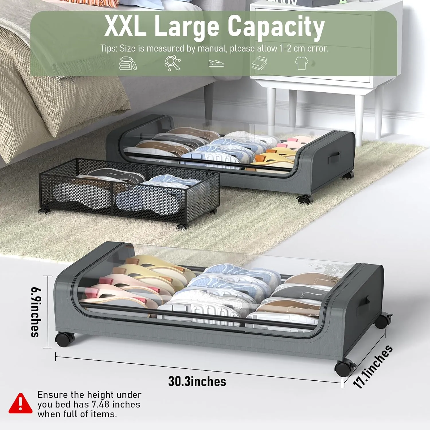Under Bed Storage with Wheels, 2Pack Under Bed Storage Containers, Foldable Under Bed Rolling Storage with 30.3" x 17.1" x 6.9", Under Bed Organizer Shoe Storage for Clothes Blanket Book(Grey)