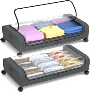 Under Bed Storage with Wheels, 2Pack Under Bed Storage Containers, Foldable Under Bed Rolling Storage with 30.3" x 17.1" x 6.9", Under Bed Organizer Shoe Storage for Clothes Blanket Book(Grey)