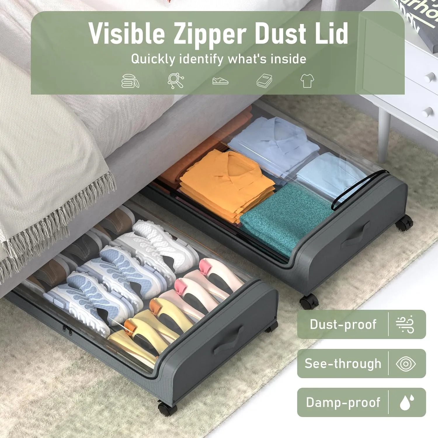 Under Bed Storage with Wheels, 2Pack Under Bed Storage Containers, Foldable Under Bed Rolling Storage with 30.3" x 17.1" x 6.9", Under Bed Organizer Shoe Storage for Clothes Blanket Book(Grey)
