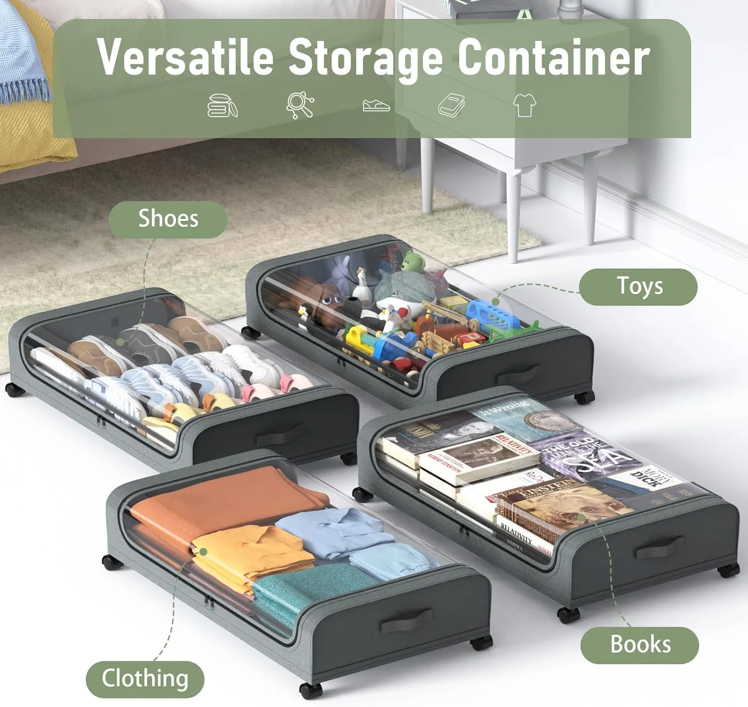 Under Bed Storage with Wheels, 2Pack Under Bed Storage Containers, Foldable Under Bed Rolling Storage with 30.3" x 17.1" x 6.9", Under Bed Organizer Shoe Storage for Clothes Blanket Book(Grey)