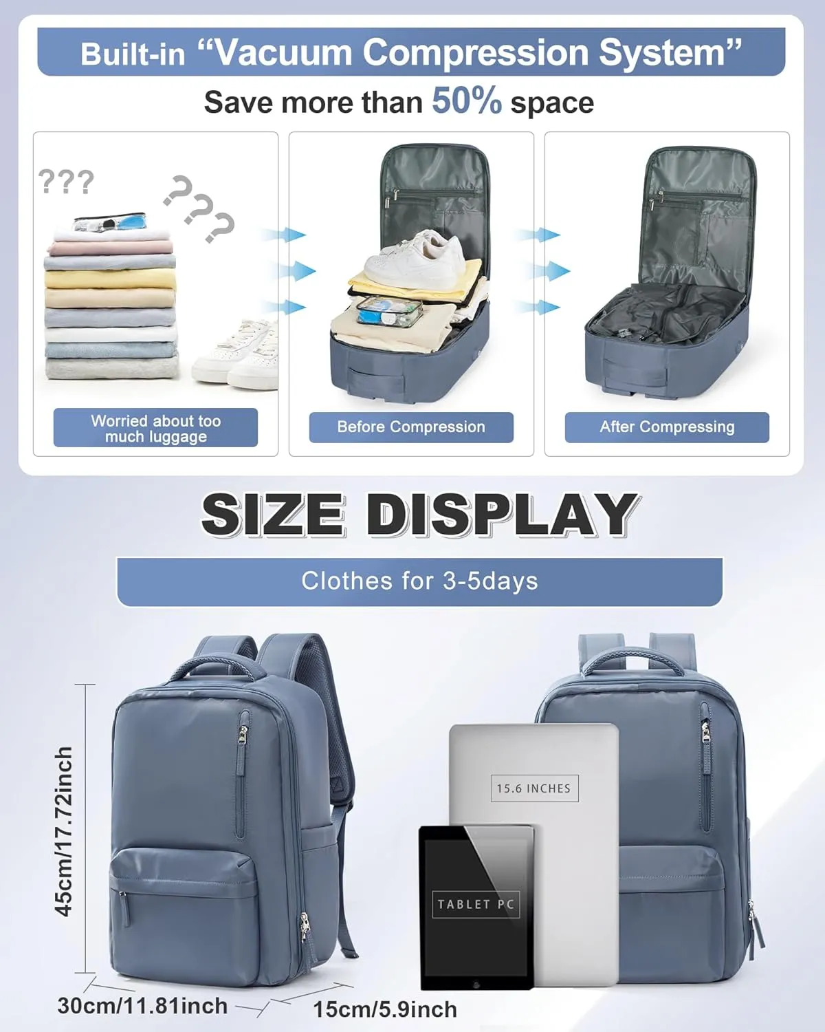 VGCUB Large Travel Backpack with Vacuum System Carry on Storage Compression Personal Item Bags with Electric Pump Work Business Vacpack College Airback lightweight Backpack for Women Men Sapphire blue