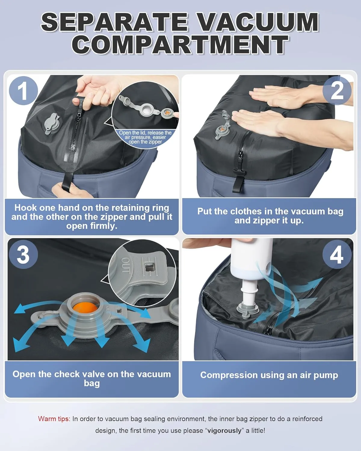 VGCUB Large Travel Backpack with Vacuum System Carry on Storage Compression Personal Item Bags with Electric Pump Work Business Vacpack College Airback lightweight Backpack for Women Men Sapphire blue