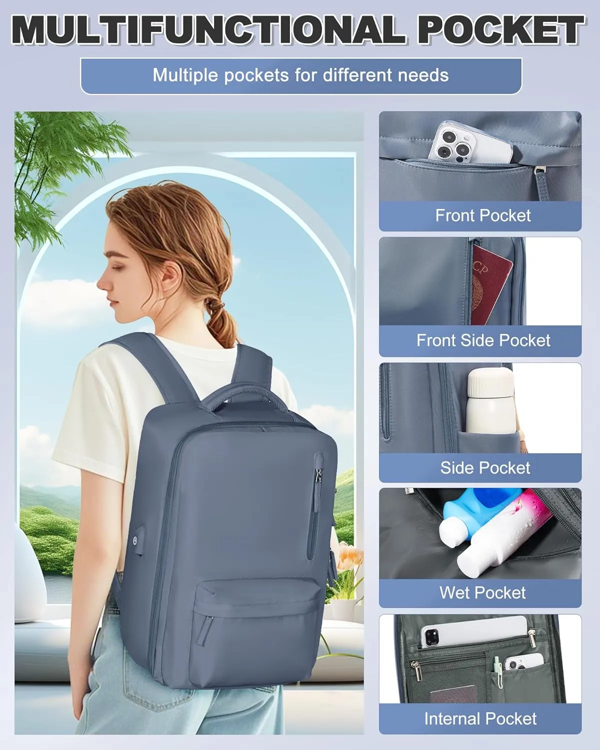 VGCUB Large Travel Backpack with Vacuum System Carry on Storage Compression Personal Item Bags with Electric Pump Work Business Vacpack College Airback lightweight Backpack for Women Men Sapphire blue