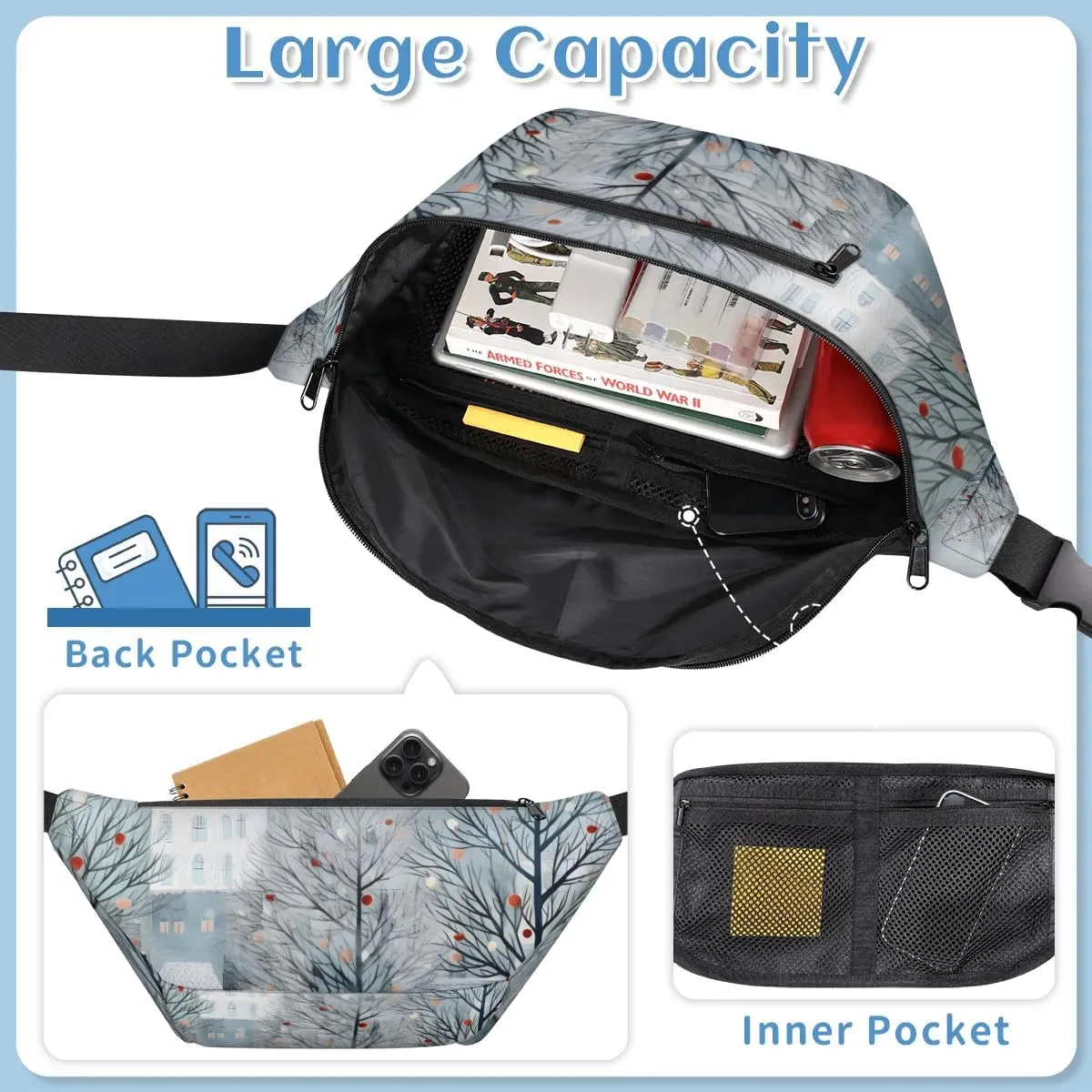 Village Christmas Sling Bag Crossbody Backpack Chest Daypack for Women Sport Travel Hiking Casual Bag Multipurpose Waist Pack With Zipper Closure Adjustable Strap Shoulder Bag