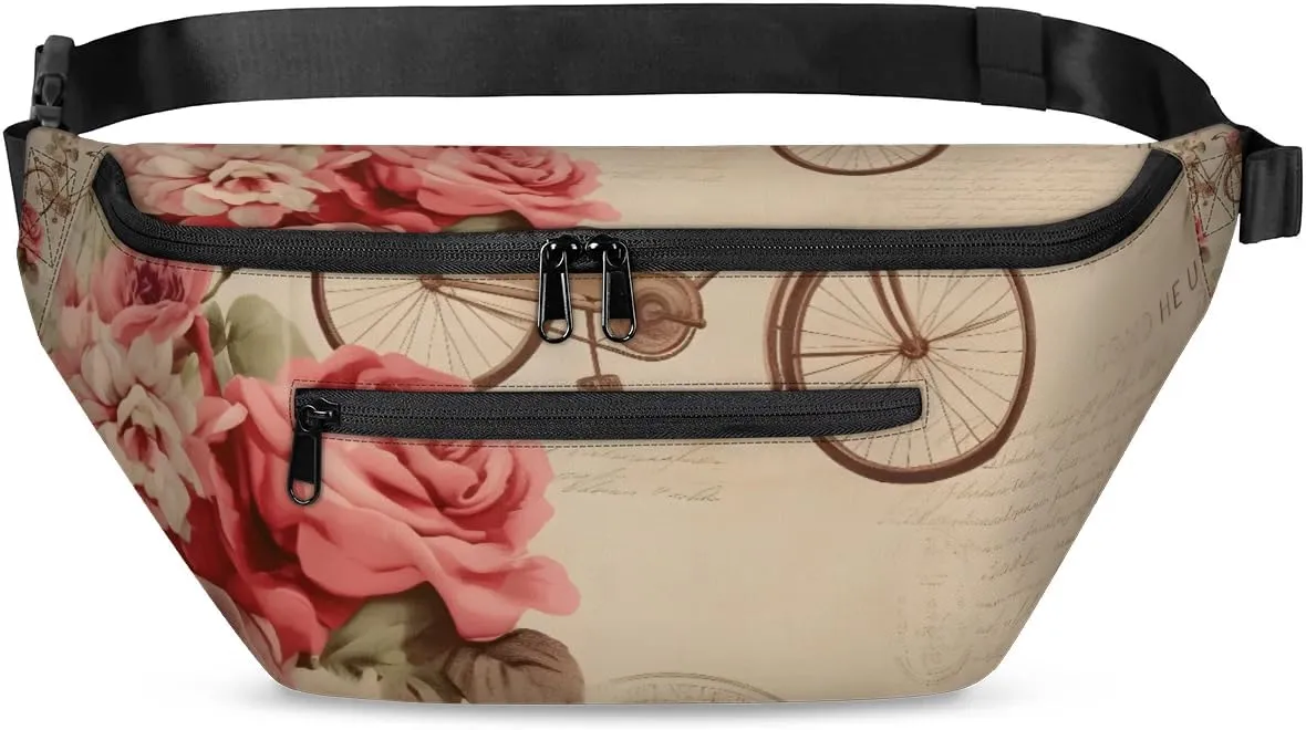Vintage Bike Flower Sling Bag Crossbody Backpack Chest Daypack for Women Sport Travel Hiking Casual Bag Multipurpose Waist Pack With Zipper Closure Adjustable Strap Shoulder Bag