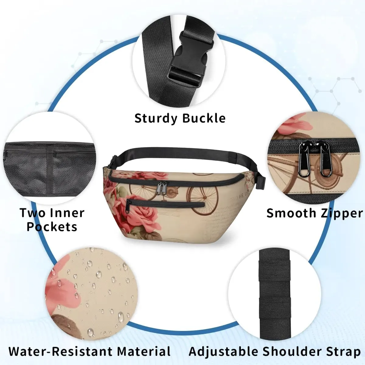 Vintage Bike Flower Sling Bag Crossbody Backpack Chest Daypack for Women Sport Travel Hiking Casual Bag Multipurpose Waist Pack With Zipper Closure Adjustable Strap Shoulder Bag