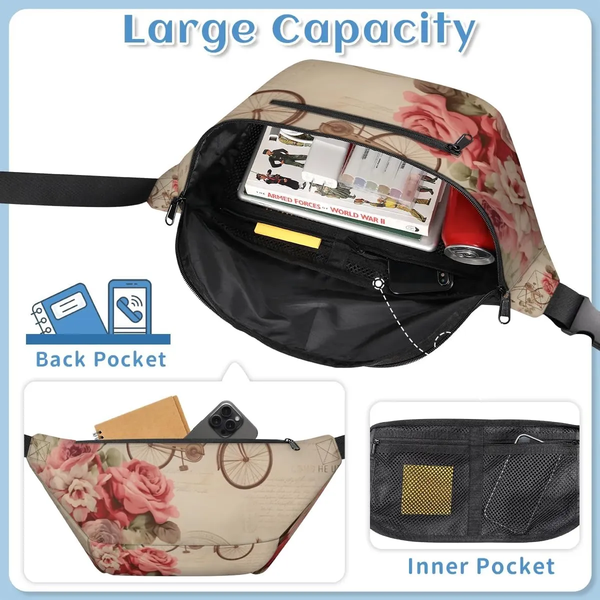 Vintage Bike Flower Sling Bag Crossbody Backpack Chest Daypack for Women Sport Travel Hiking Casual Bag Multipurpose Waist Pack With Zipper Closure Adjustable Strap Shoulder Bag