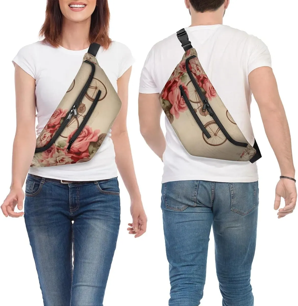 Vintage Bike Flower Sling Bag Crossbody Backpack Chest Daypack for Women Sport Travel Hiking Casual Bag Multipurpose Waist Pack With Zipper Closure Adjustable Strap Shoulder Bag