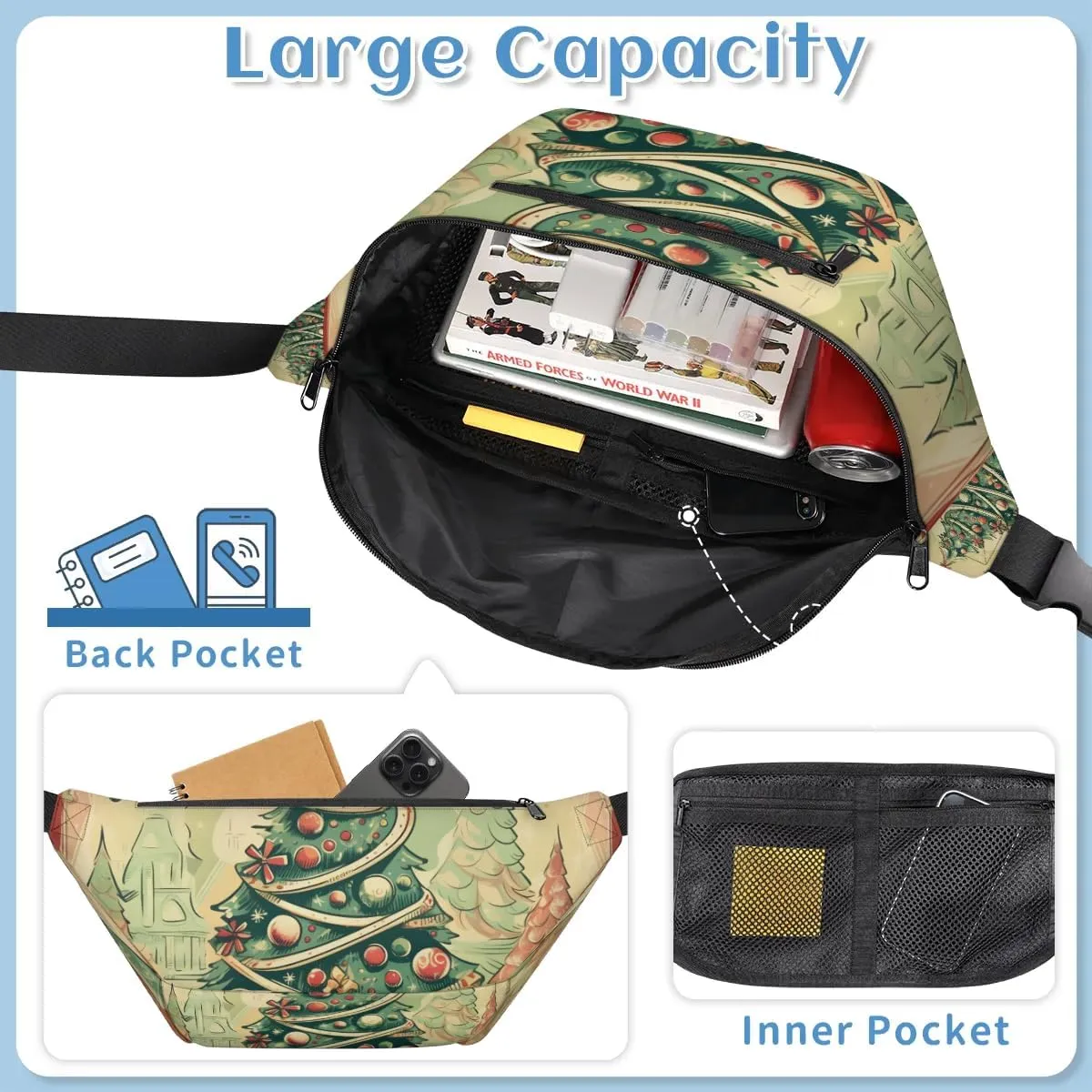 Vintage Christmas Tree Sling Bag Crossbody Backpack Chest Daypack for Women Sport Travel Hiking Casual Bag Multipurpose Waist Pack With Zipper Closure Adjustable Strap Shoulder Bag