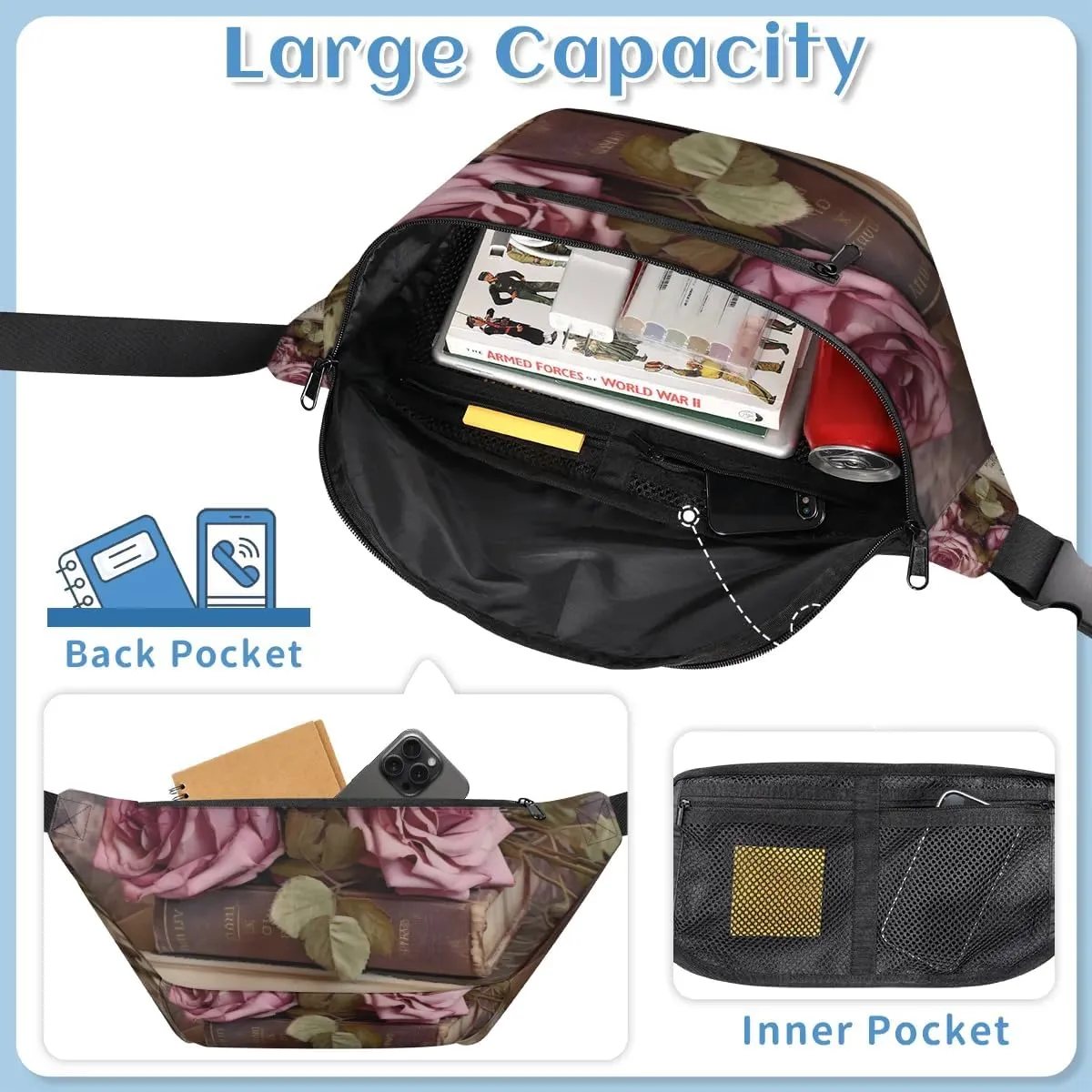 Vintage Flower Pattern Sling Bag Crossbody Backpack Chest Daypack for Women Sport Travel Hiking Casual Bag Multipurpose Waist Pack With Zipper Closure Adjustable Strap Shoulder Bag