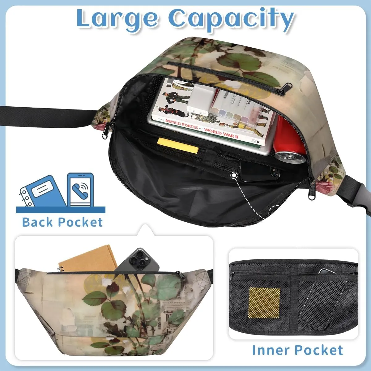 Vintage Flowers Sling Bag Crossbody Backpack Chest Daypack for Women Sport Travel Hiking Casual Bag Multipurpose Waist Pack With Zipper Closure Adjustable Strap Shoulder Bag
