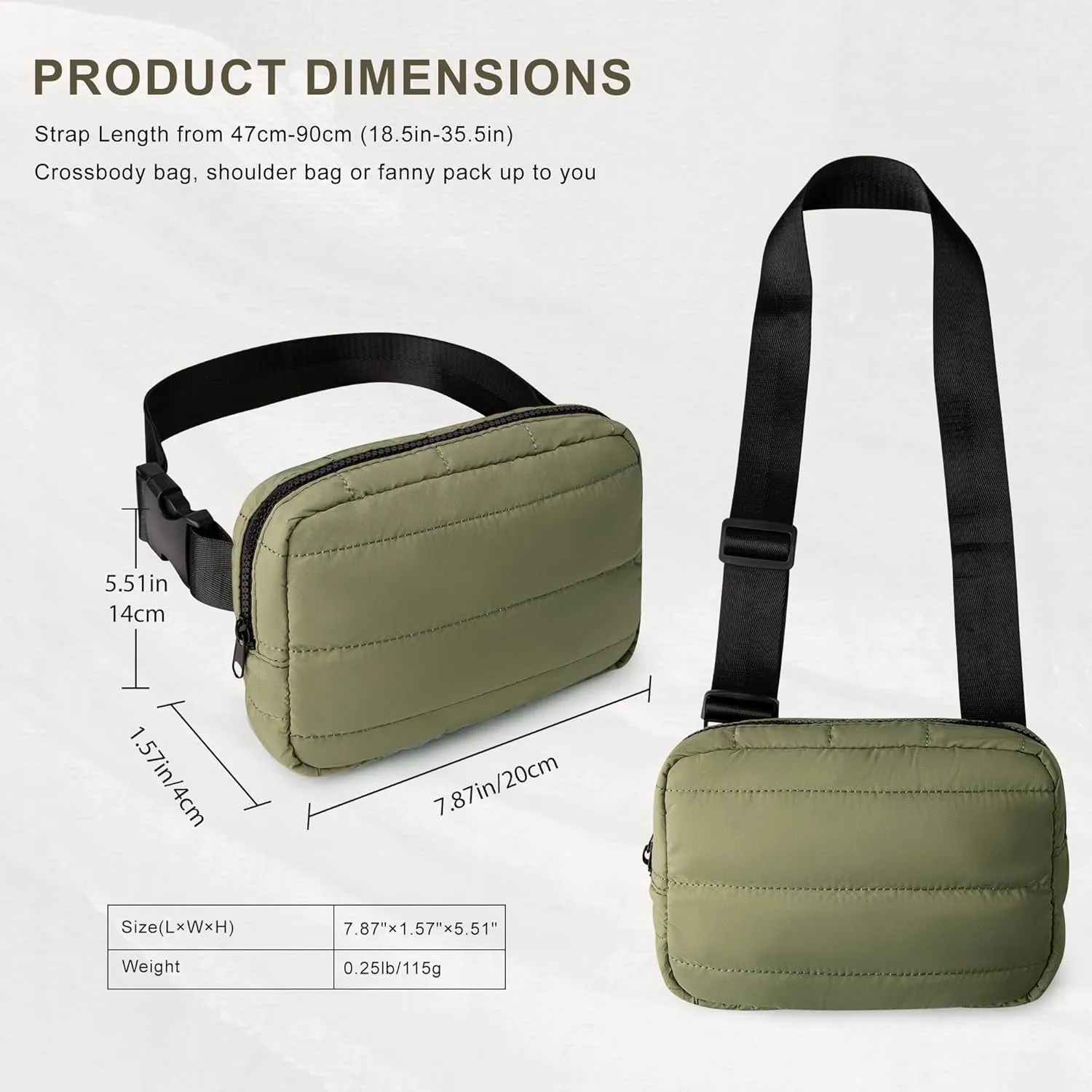Viva Terry Puffer Belt Bag for Women and Men Small Cotton Crossbody Fanny Pack with Adjustable Strap for Running Hiking Travel Workout-Army Green