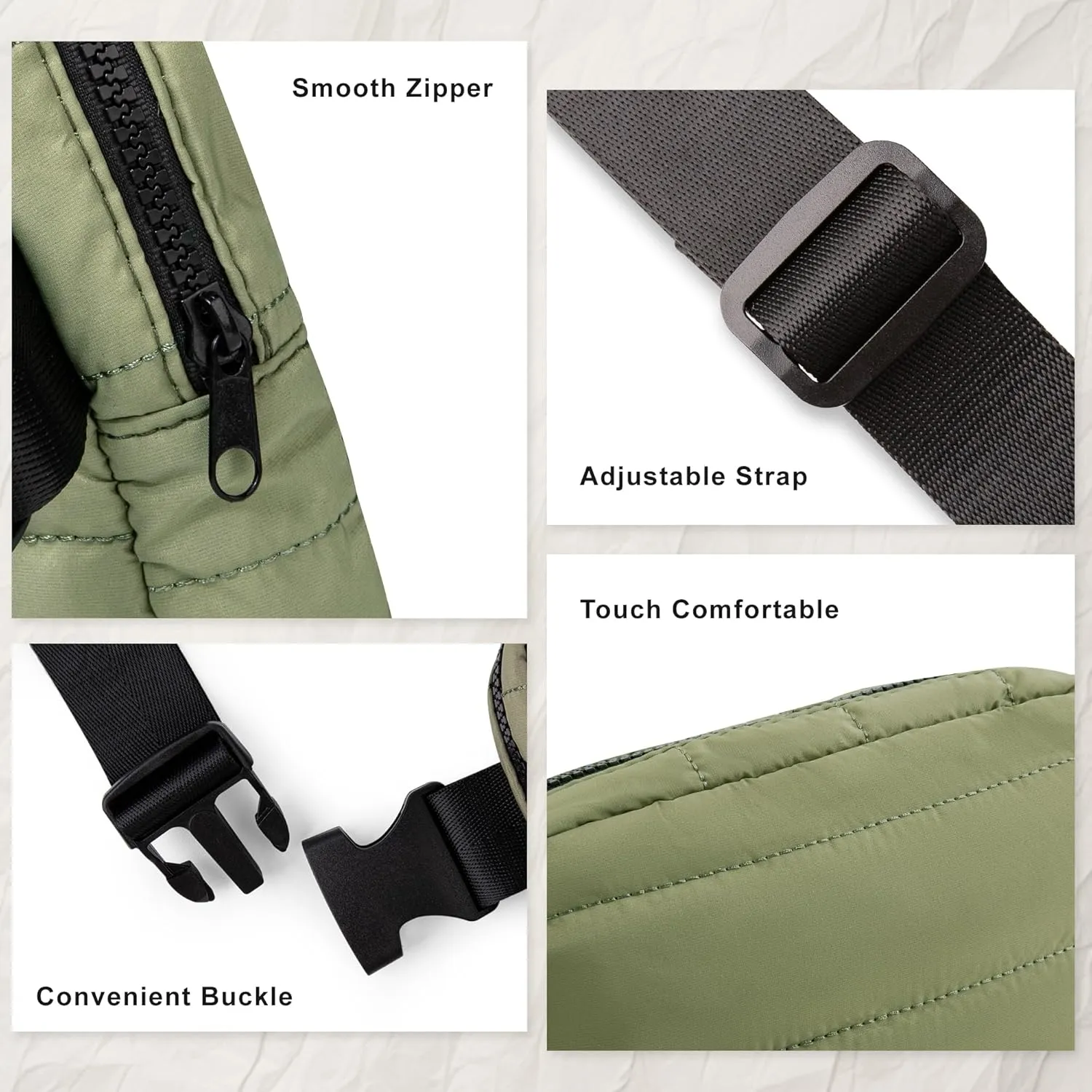 Viva Terry Puffer Belt Bag for Women and Men Small Cotton Crossbody Fanny Pack with Adjustable Strap for Running Hiking Travel Workout-Army Green