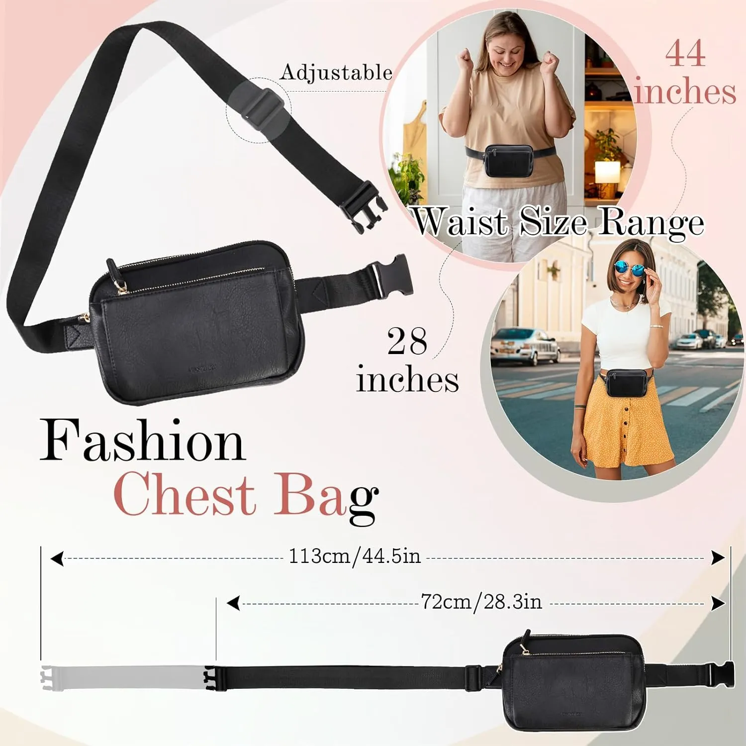 VX VONXURY Waist Bag for Women, Vegan Leather Fanny Pack Lightweight Crossbody Belt Bag with Adjustable Strap for Outdoor Running Hiking,Black
