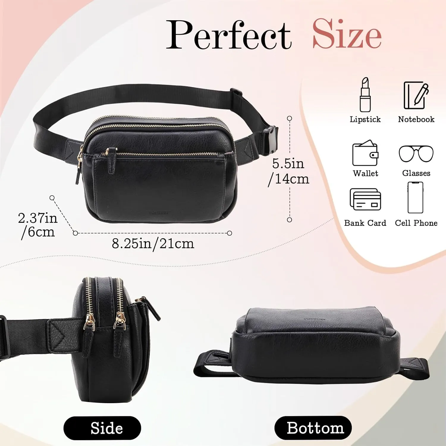 VX VONXURY Waist Bag for Women, Vegan Leather Fanny Pack Lightweight Crossbody Belt Bag with Adjustable Strap for Outdoor Running Hiking,Black