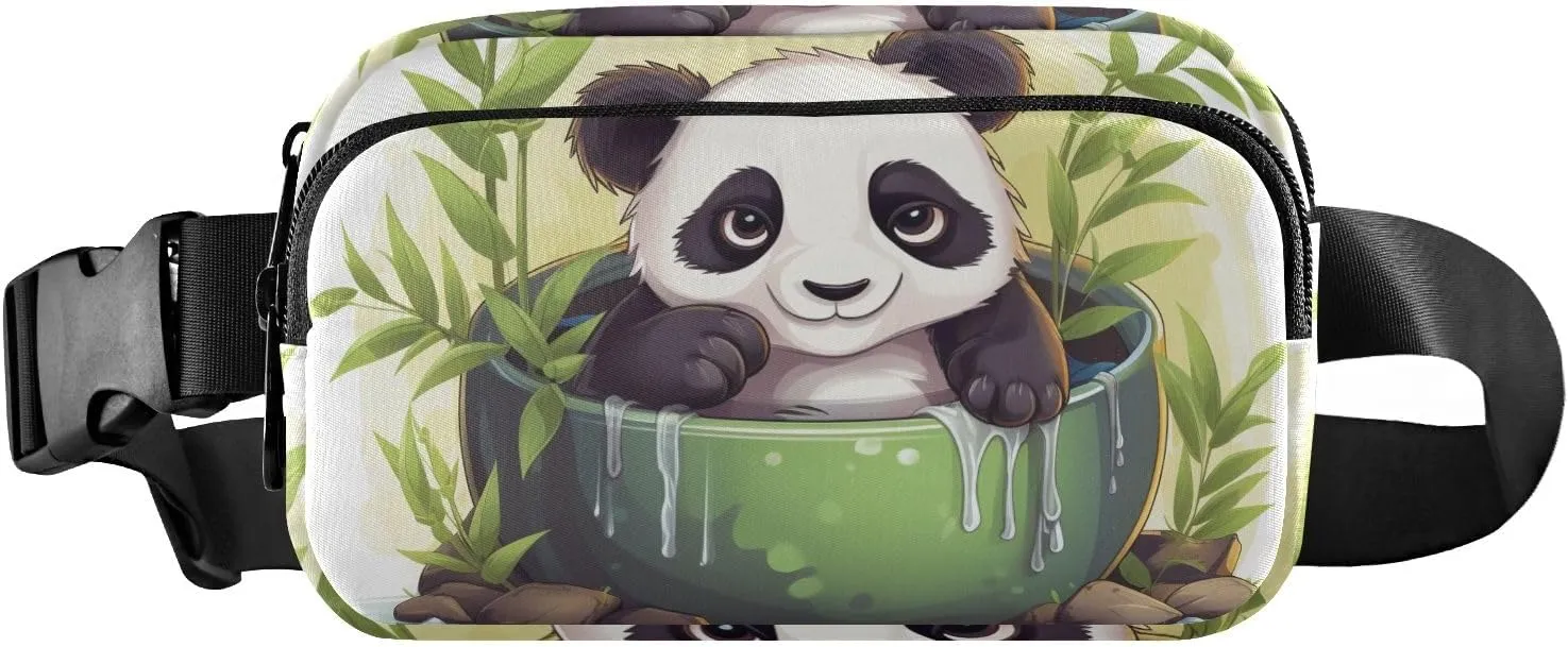 Waist Pack Bag Panda in Green Bowl and Green Branch Outdoor Fanny Pack Crossbody Bum Bags
