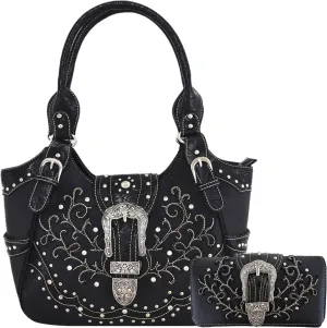 Western Style Tooled Leather Buckle Concealed Carry Purse Country Handbag Women Shoulder Bag Wallet Set
