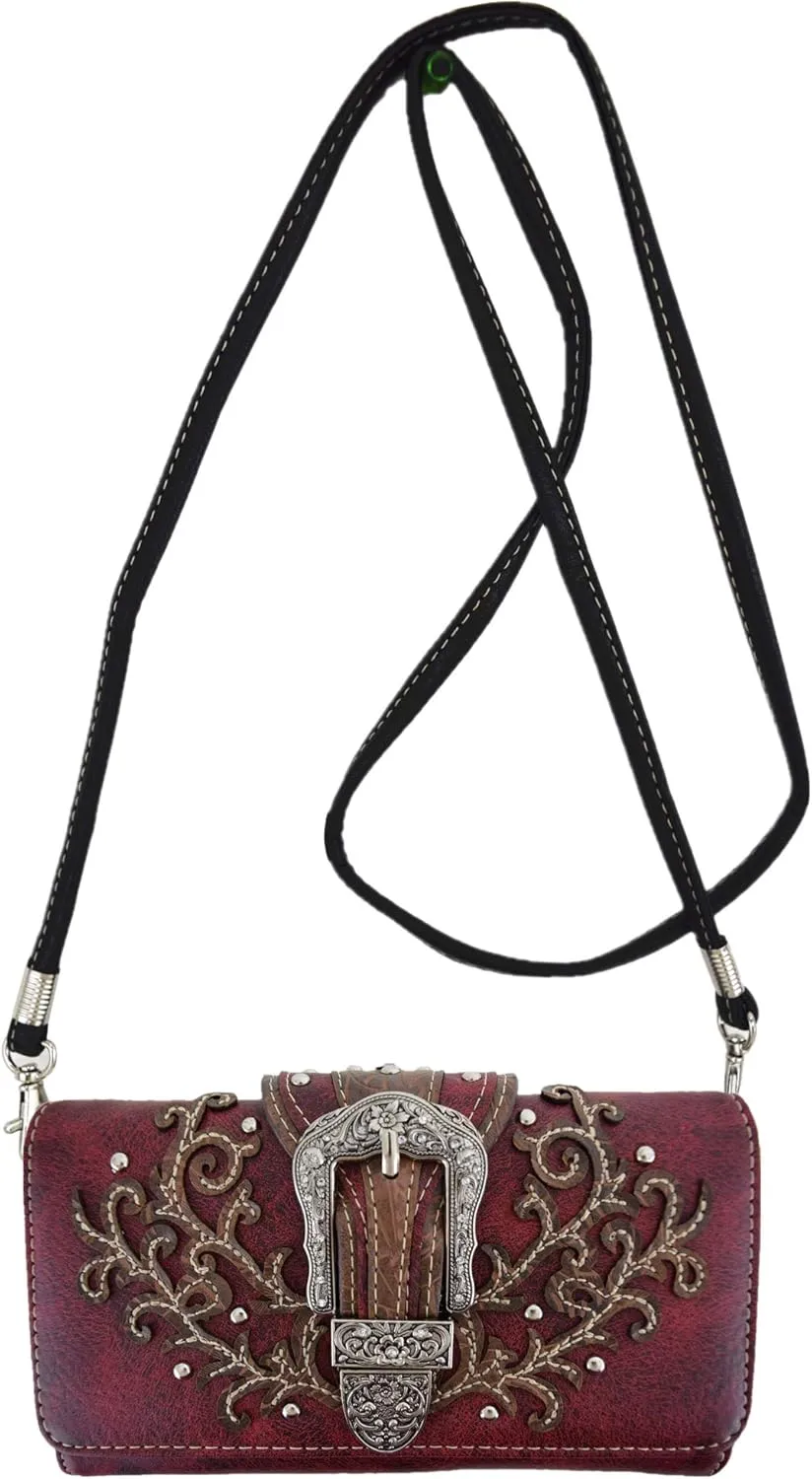Western Style Tooled Leather Buckle Concealed Carry Purse Country Handbag Women Shoulder Bag Wallet Set
