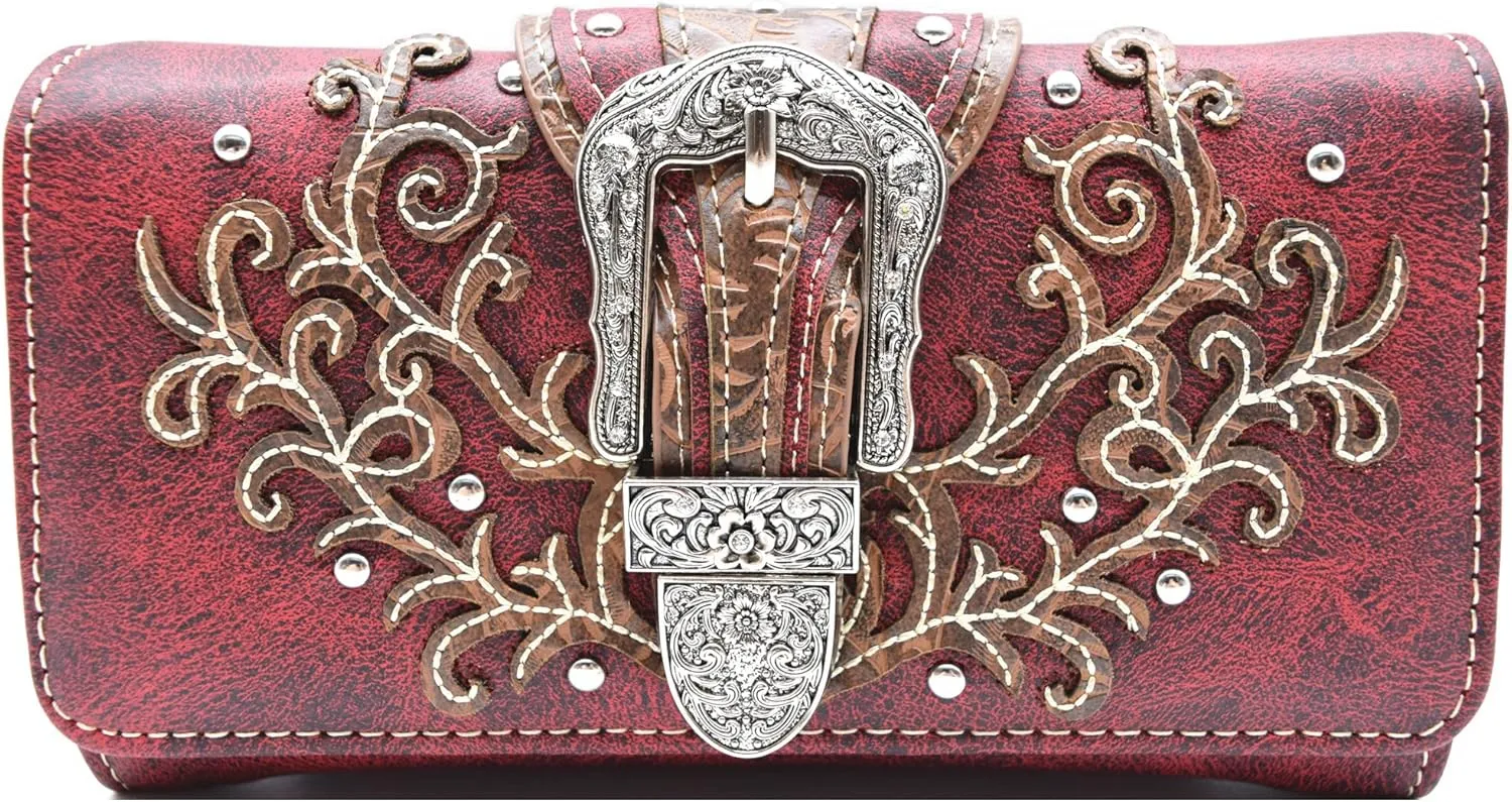 Western Style Tooled Leather Buckle Concealed Carry Purse Country Handbag Women Shoulder Bag Wallet Set