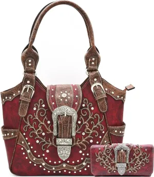 Western Style Tooled Leather Buckle Concealed Carry Purse Country Handbag Women Shoulder Bag Wallet Set