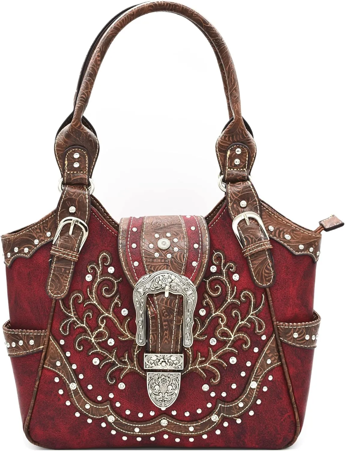 Western Style Tooled Leather Buckle Concealed Carry Purse Country Handbag Women Shoulder Bag Wallet Set