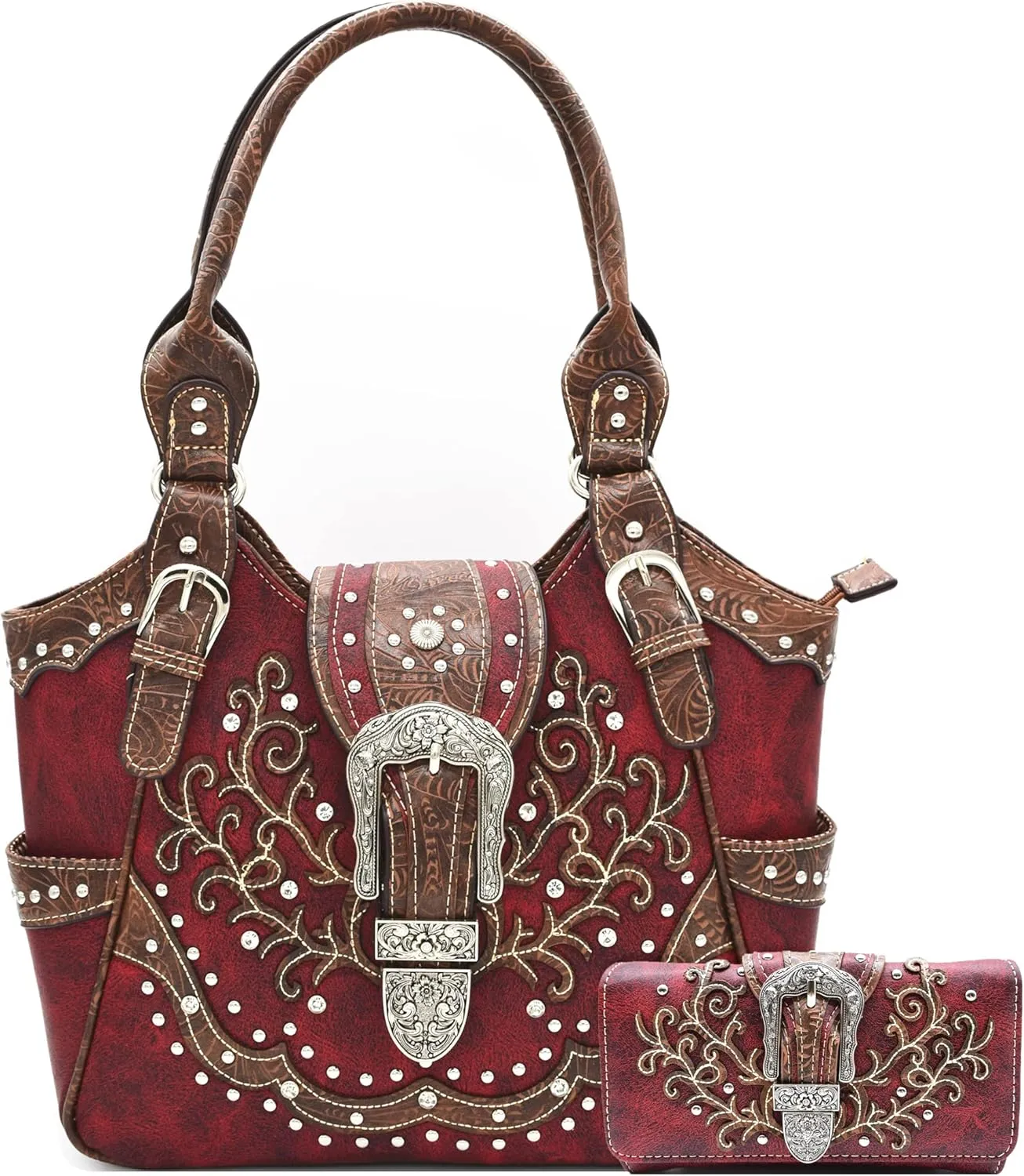 Western Style Tooled Leather Buckle Concealed Carry Purse Country Handbag Women Shoulder Bag Wallet Set