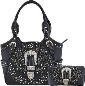 Western Style Tooled Leather Buckle Concealed Carry Purse Country Handbag Women Shoulder Bag Wallet Set