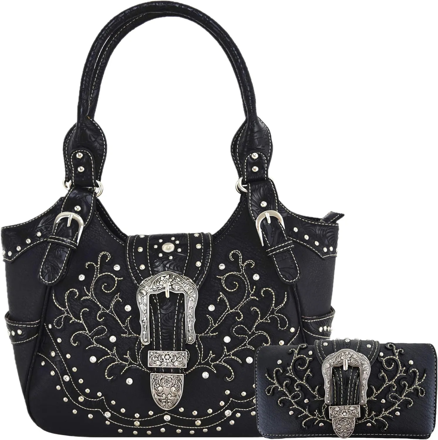 Western Style Tooled Leather Buckle Concealed Carry Purse Country Handbag Women Shoulder Bag Wallet Set
