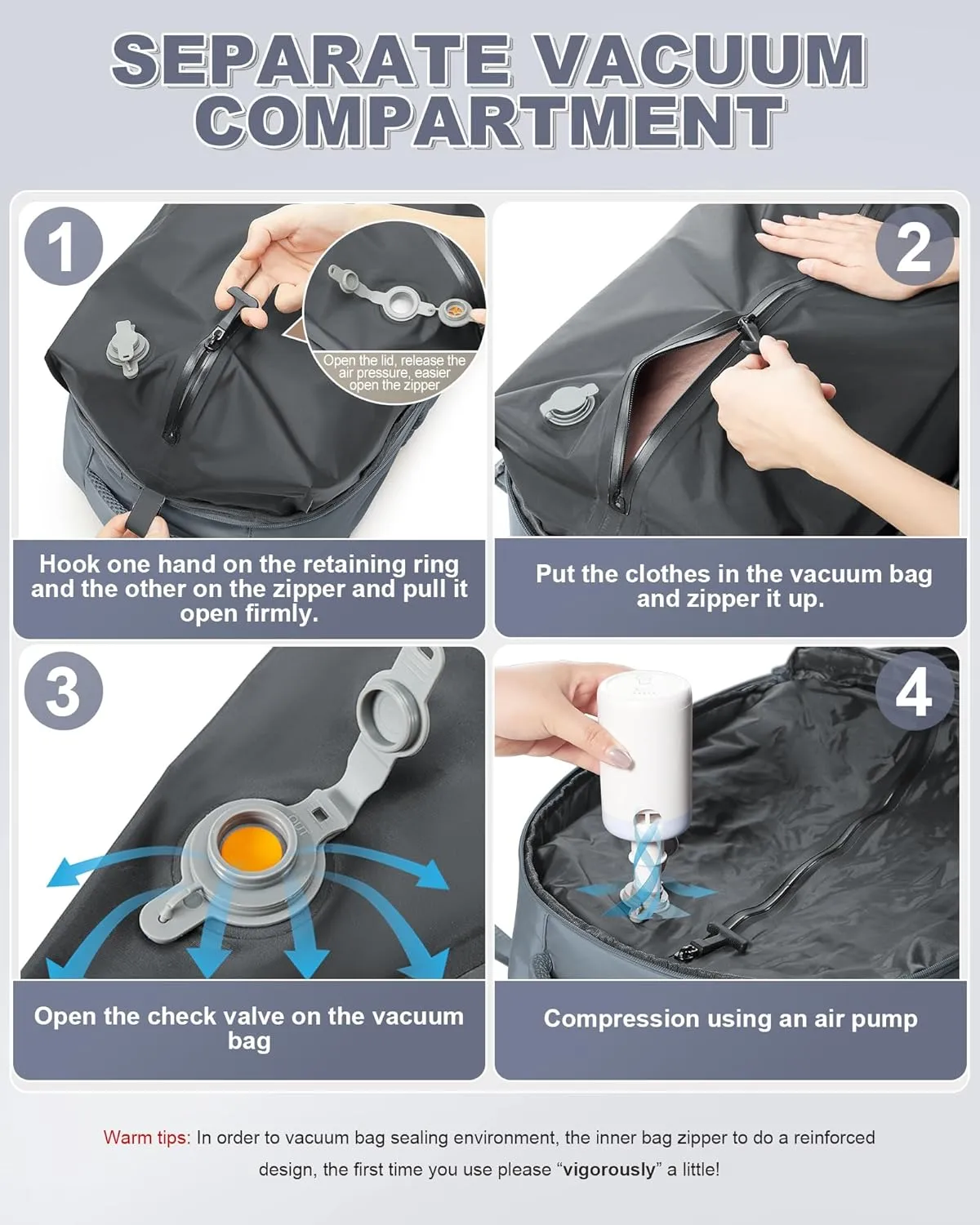 winspansy Large Storage Vacuum Compression Travel Backpack Seal Bags with Pump Clothing 18x14x8 Personal Item Work Carry on Business Vacpack College Airback Laptop Backpack for Women Men Greyish blue