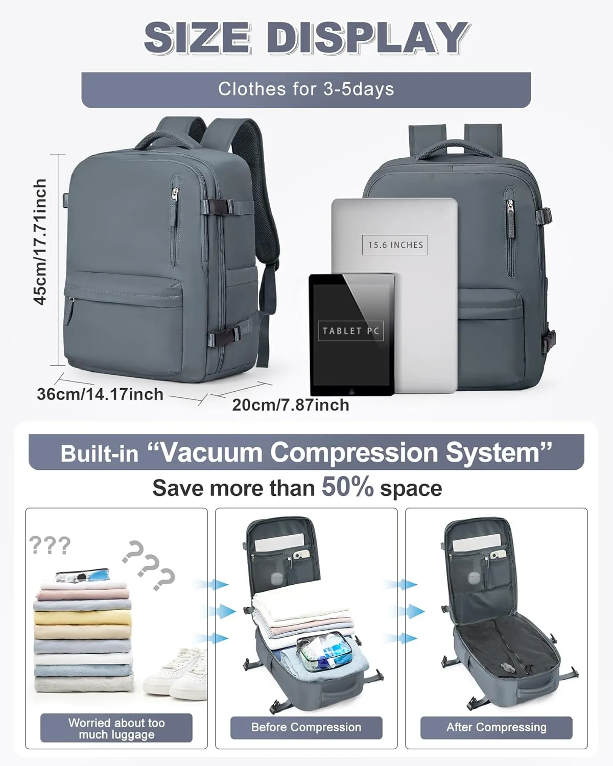 winspansy Large Storage Vacuum Compression Travel Backpack Seal Bags with Pump Clothing 18x14x8 Personal Item Work Carry on Business Vacpack College Airback Laptop Backpack for Women Men Greyish blue