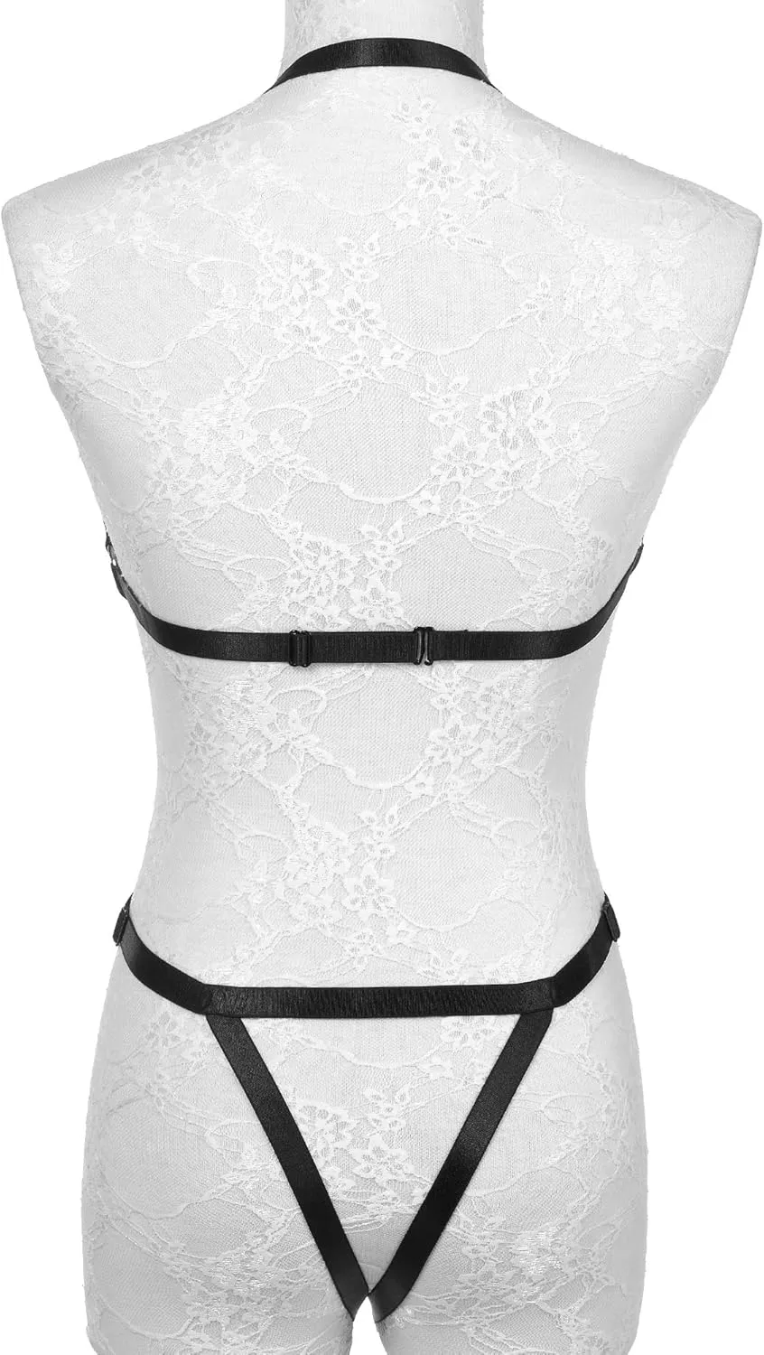 Women Body Harness Bra Set: Strappy Lingerie Set, Adjustable Cupless Cage Bra,Eastic Punk Gothic Strap Harness Belt